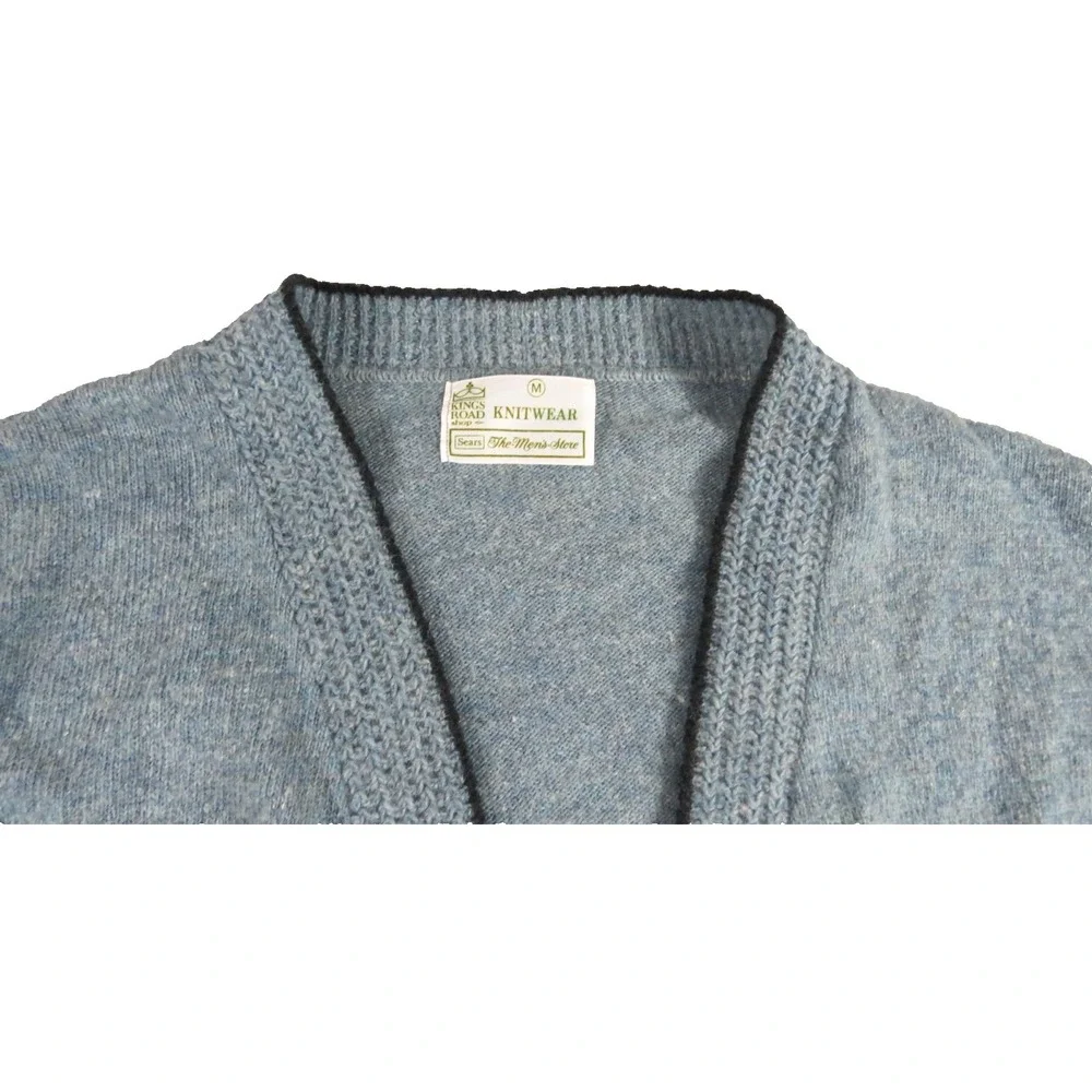 Sears Kings Road VTG 70s Cardigan Lambswool Blue Sweater Men M Pocket Knit FLAW